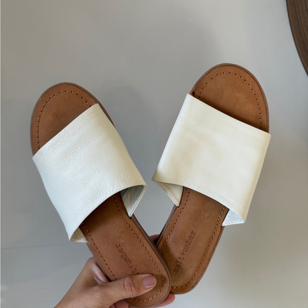 Buckle White Leather Slide Sandals